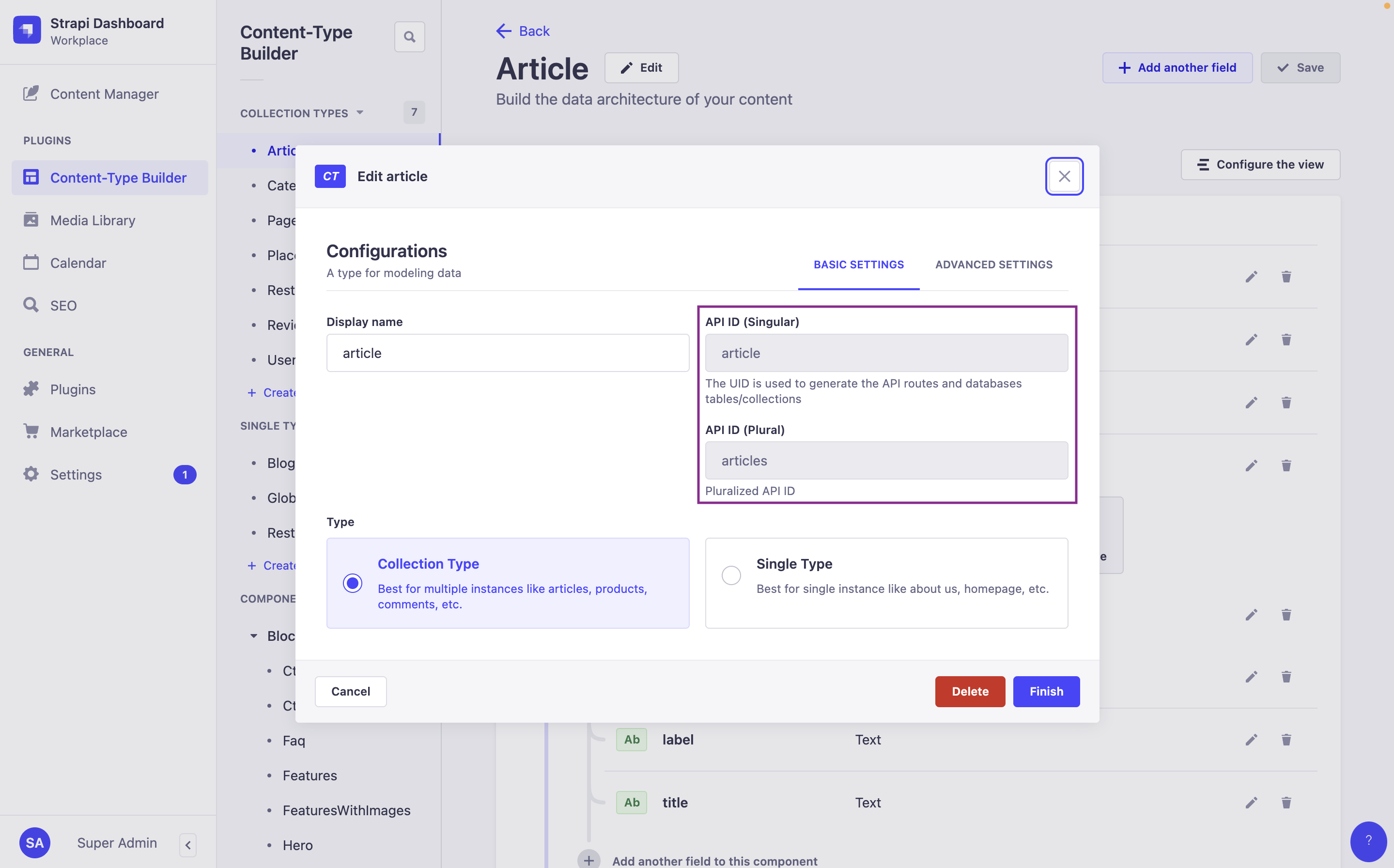 Screenshot of the Content-Type Builder to retrieve singular and plural API IDs